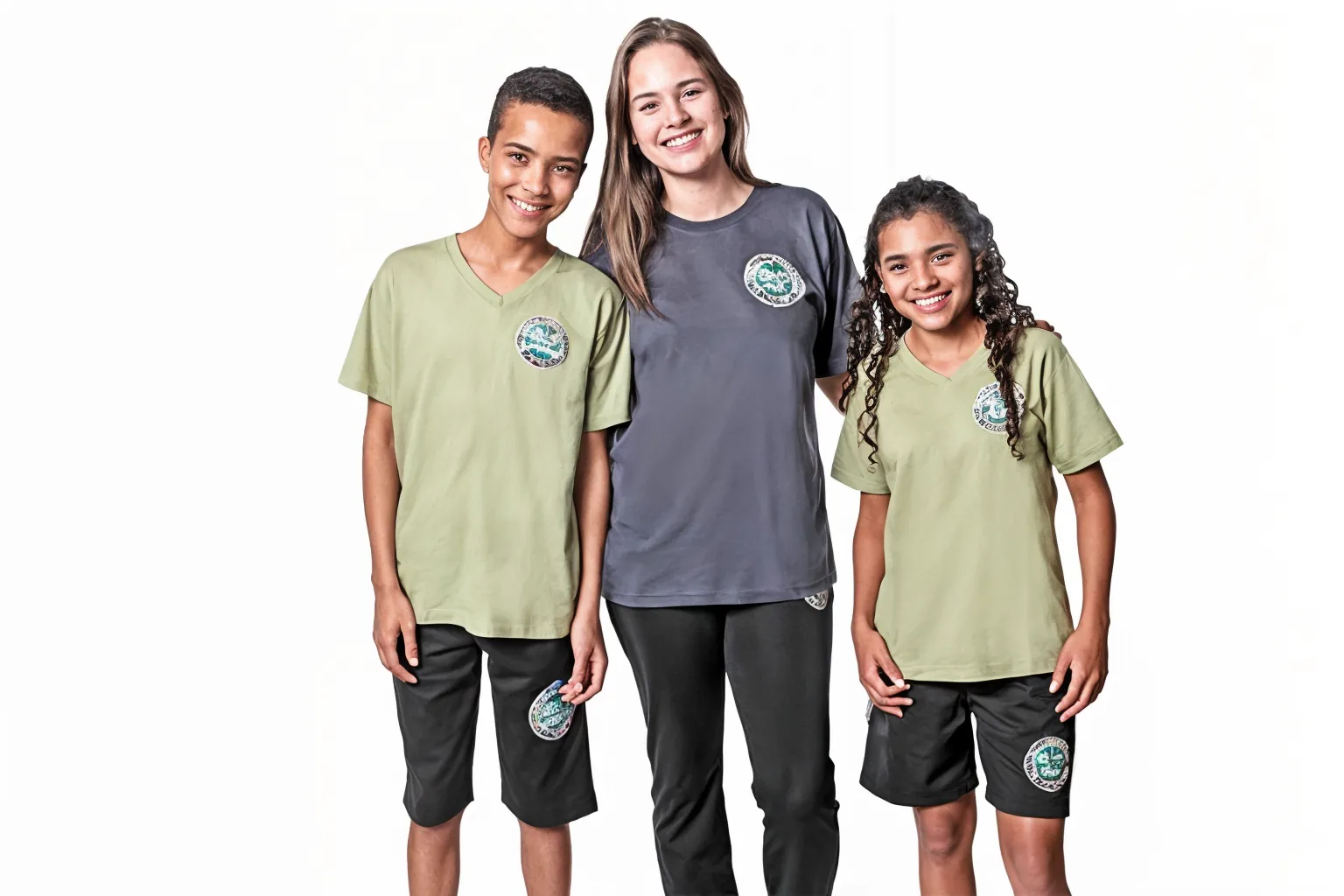 Alunos com camiseta escolar bordada e bermuda