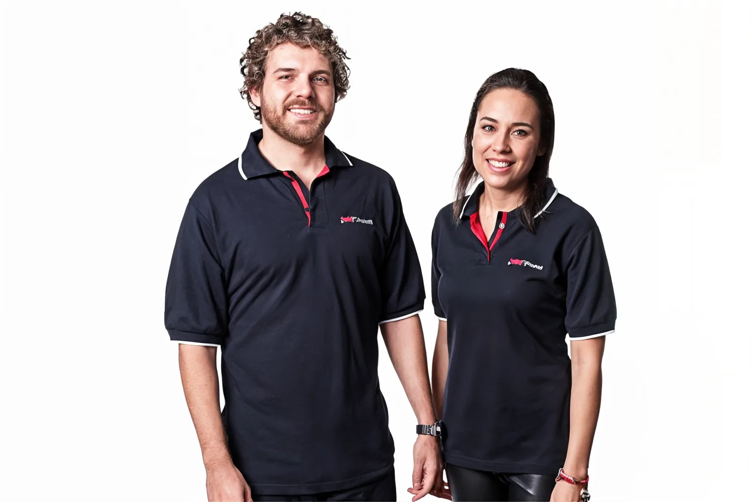 Polo corporativa azul-marinho com detalhe vermelho